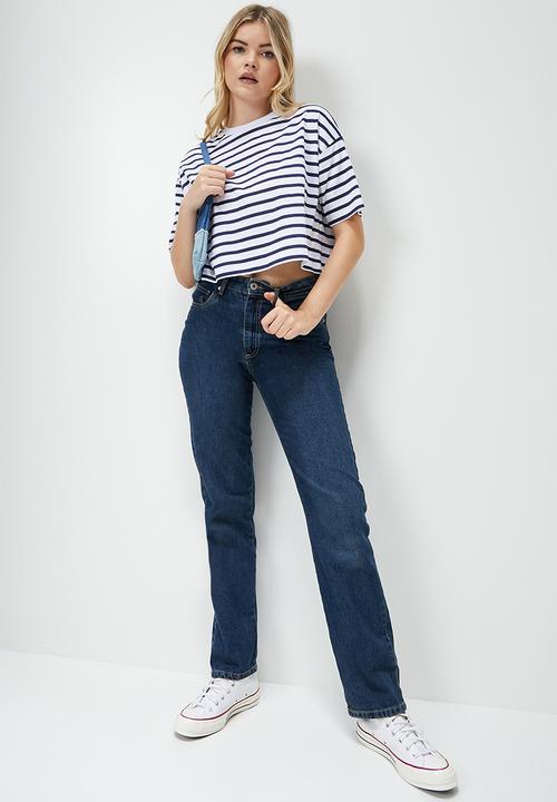Blake - Striped boxy cropped tee navy stripe - navy/white