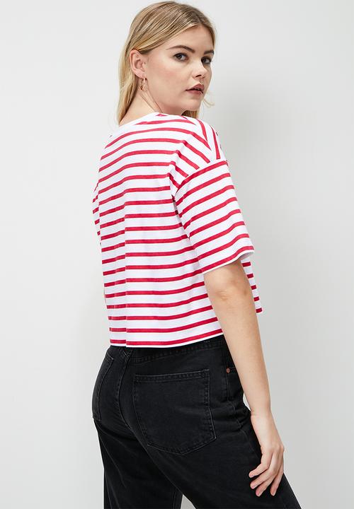 Blake - Striped boxy cropped tee red stripe - red/white