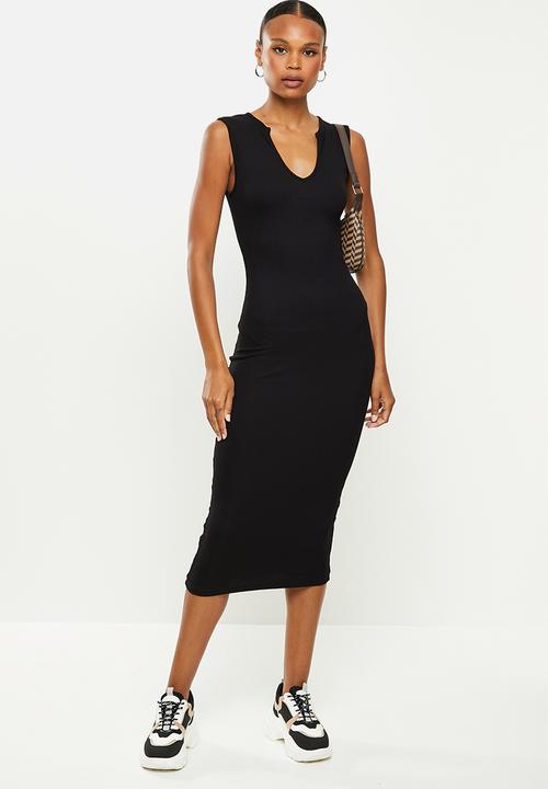 Missguided - Rib sleeveless notch neck midi dress - black