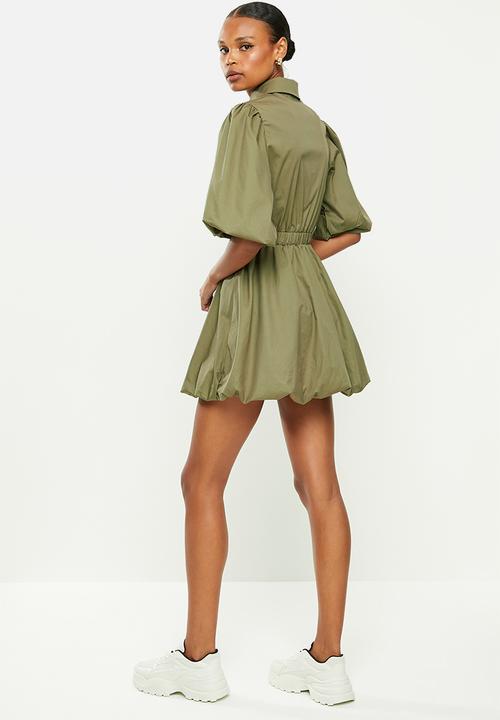 Missguided - Puffball shirt short sleeve poplin dress - khaki