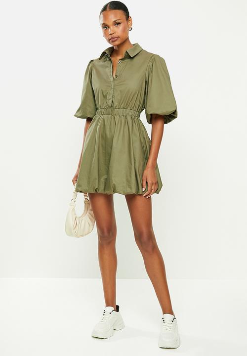 Missguided - Puffball shirt short sleeve poplin dress - khaki