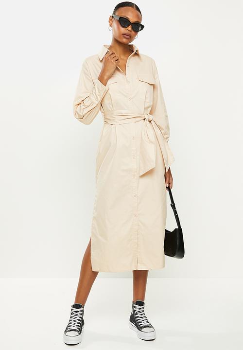 Missguided - Belted utility poplin shirt dress - stone