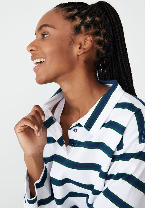 Cotton On - Polo long sleeve top - verdant green/navy/white stripe