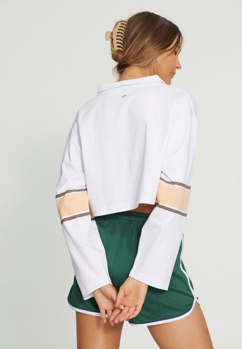 Cotton On - Polo long sleeve top - white/peach sand placement stripe