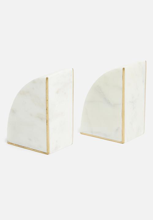 Sixth Floor - Marble bookend with shiny brass inlay - white