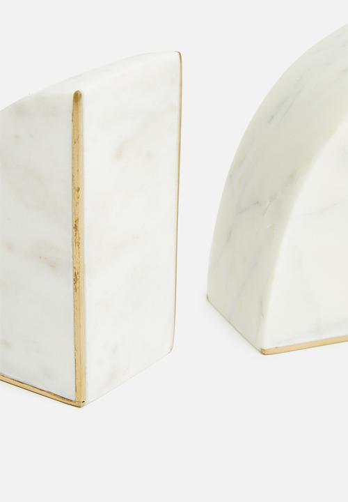 Sixth Floor - Marble bookend with shiny brass inlay - white