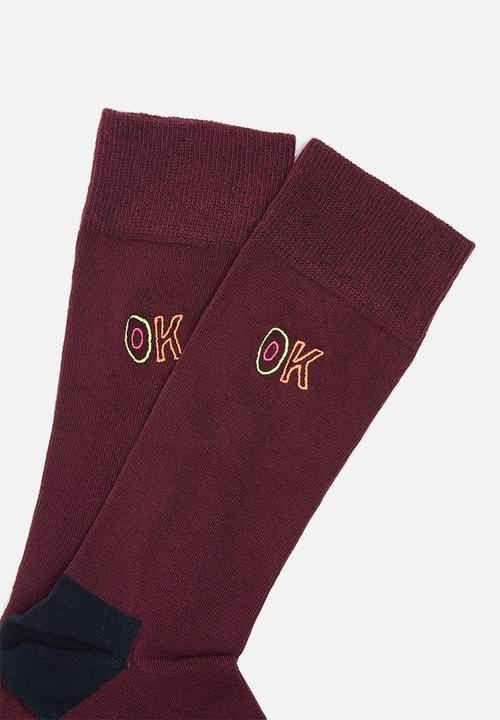 Happy Socks - Embroidery ok sock - burgundy & black 