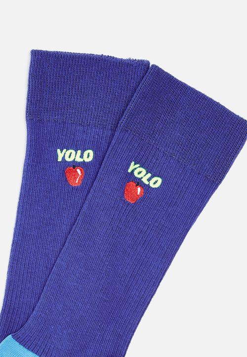 Happy Socks - Ribbed embroidery yolo socks - blue