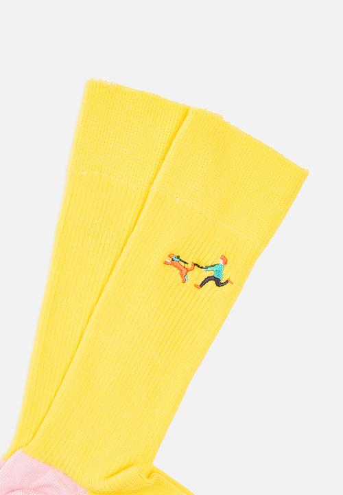 Happy Socks - Ribbed embroidery run the dog socks - yellow 
