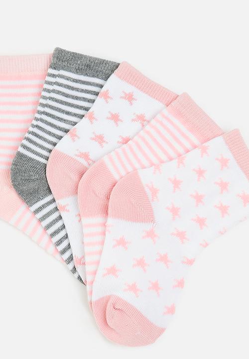 Pop Candy - 5 Pack star stripe socks - pink & grey 