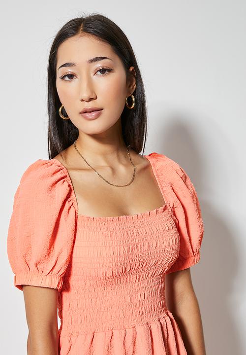 Superbalist - Off the shoulder shirred maxi dress - canteloupe