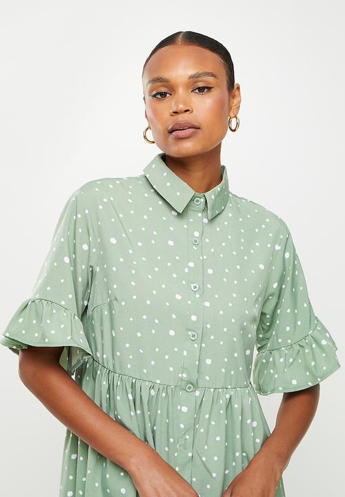 Missguided - Short sleeve frill cuff smock shirt dress  - sage