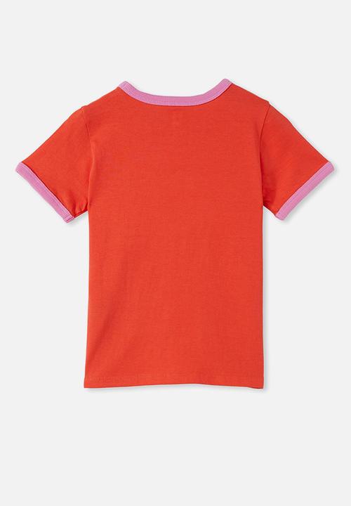 Cotton On - Penelope short sleeve ringer tee - red orange/ happy heart