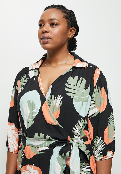 edit Plus - Collar mock wrap midaxi - leaf print