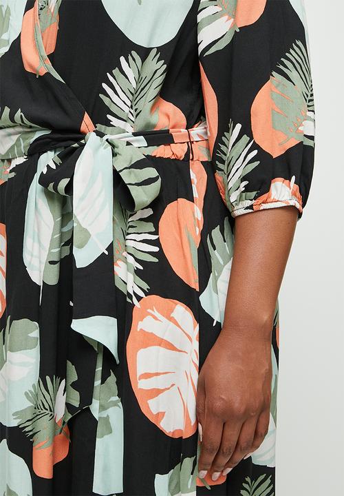 edit Plus - Collar mock wrap midaxi - leaf print