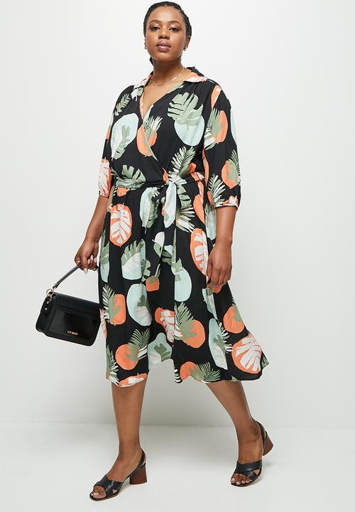 edit Plus - Collar mock wrap midaxi - leaf print
