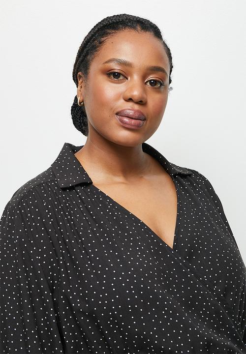 edit Plus - Collar mock wrap midaxi - black & white spot