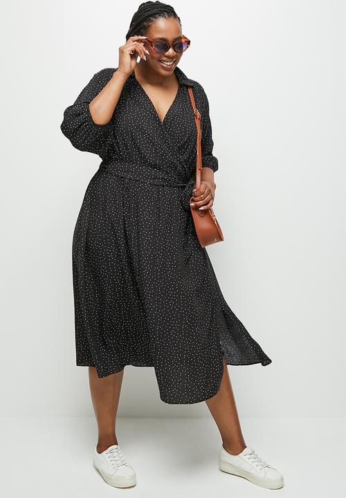 edit Plus - Collar mock wrap midaxi - black & white spot
