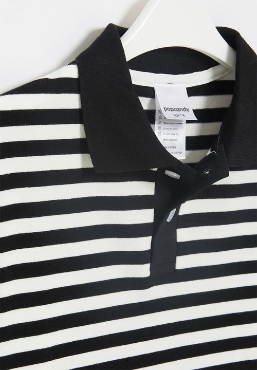 Pop Candy - Boys stripe long sleeve golfer - black & white