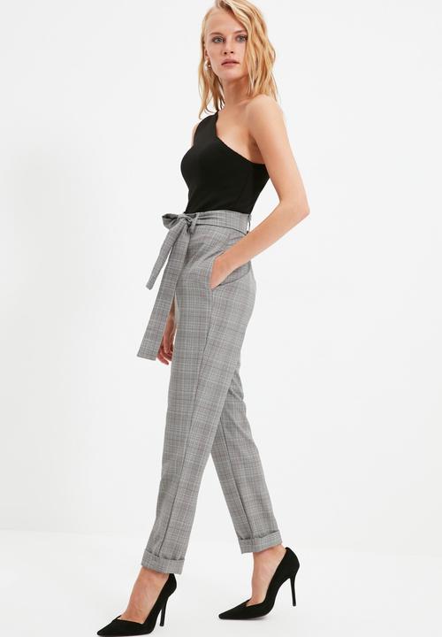 Trendyol - Plaid belted folded cigarette trousers - grey