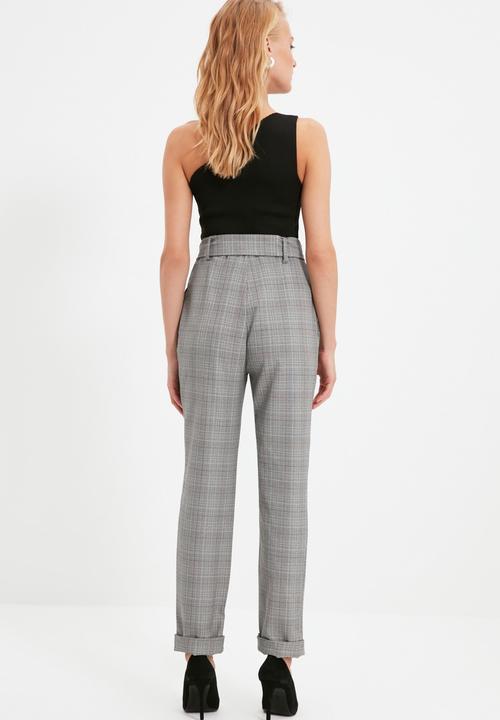 Trendyol - Plaid belted folded cigarette trousers - grey