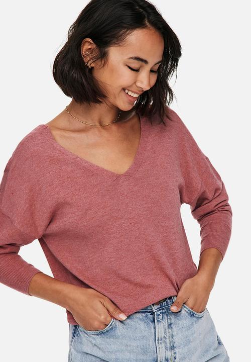 ONLY - Alona life long sleeve v-neck pullover knit - mauvewood