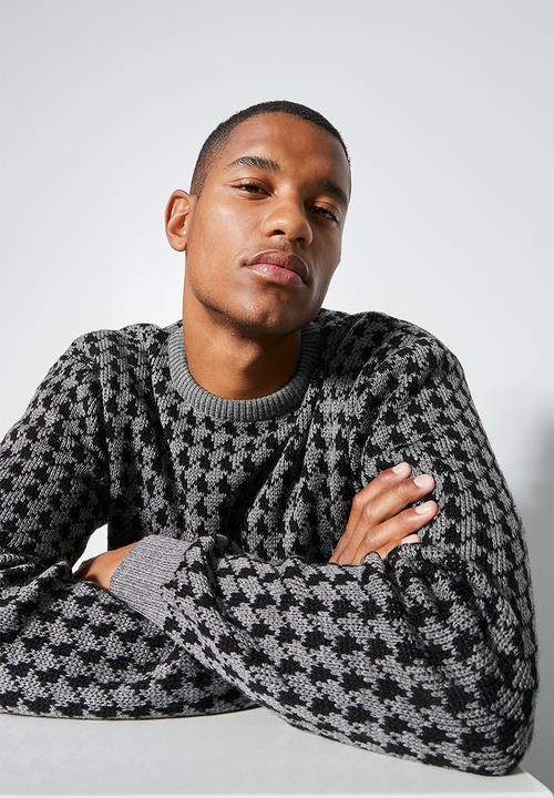 Superbalist - Houndstooth pattern crew knit - black/grey