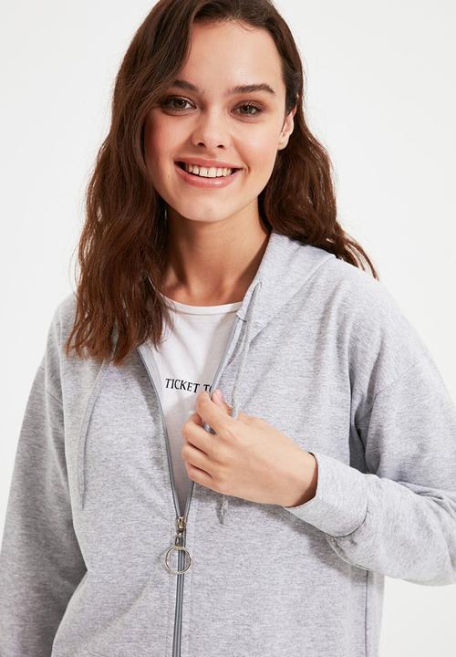 Trendyol - Zippered hooded basic sweatshirt - grey