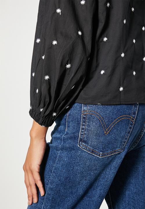 Superbalist - Embroidered puff sleeve shell - black with white 