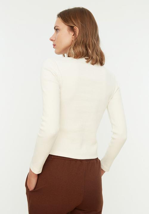 Trendyol - Collar snap fastening ribbed knitted blouse - ecru