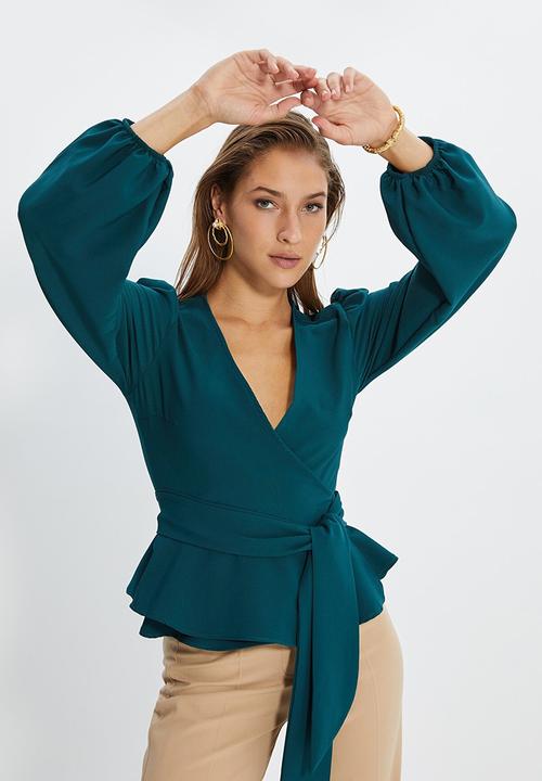 Trendyol - Belted double breasted collar blouse - emerald green