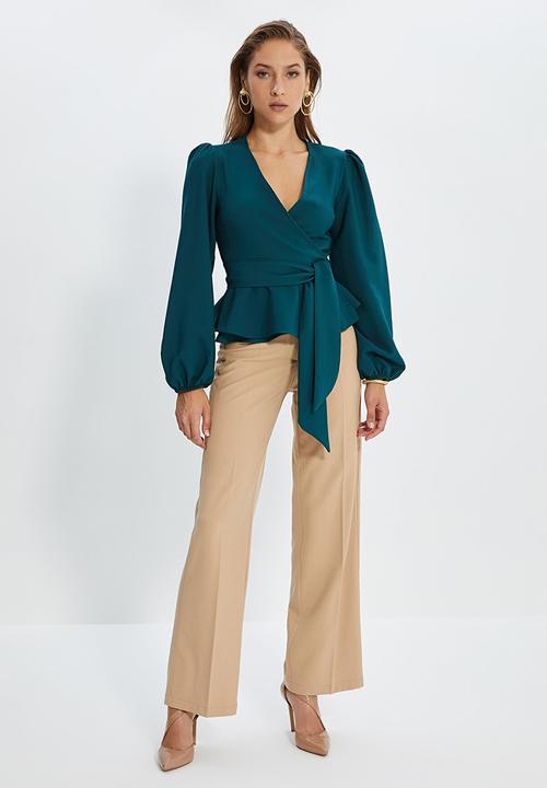Trendyol - Belted double breasted collar blouse - emerald green