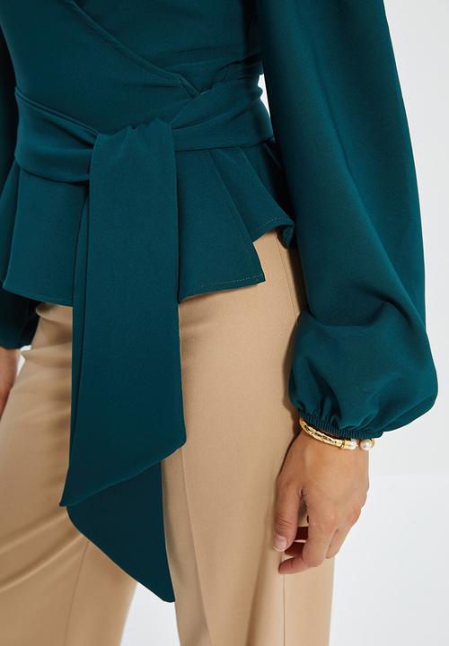 Trendyol - Belted double breasted collar blouse - emerald green