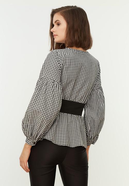 Trendyol - Checked tie detailed blouse - black
