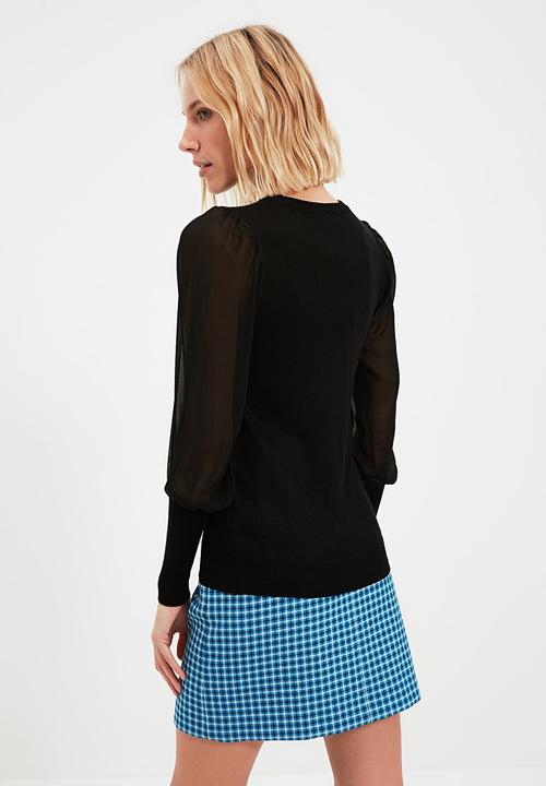 Trendyol - Tulle sleeves knit sweater - black