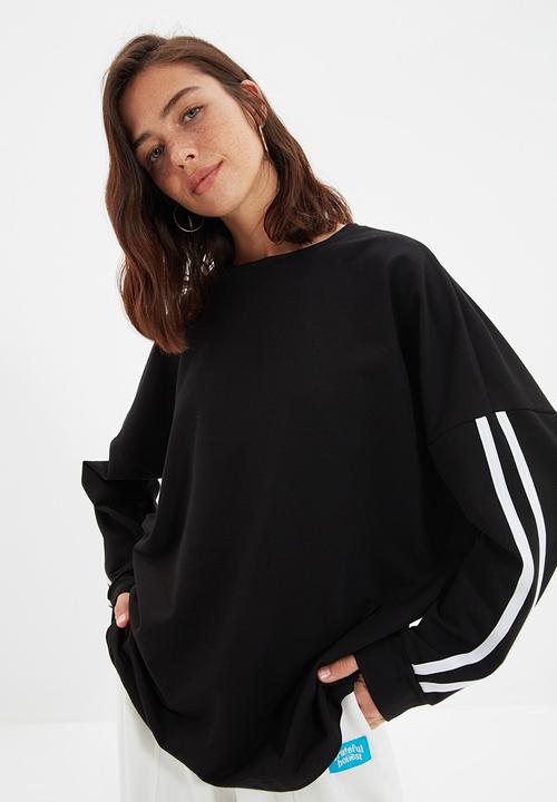 Trendyol - Striped long oversized thin sweatshirt - black