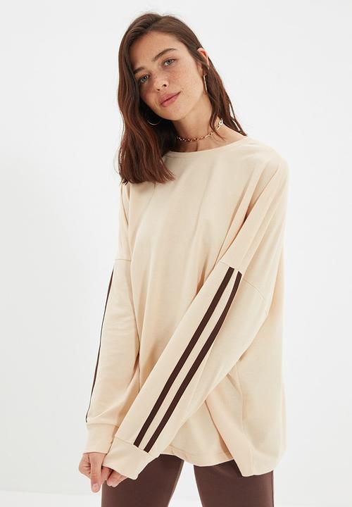Trendyol - Striped long oversized thin sweatshirt - beige