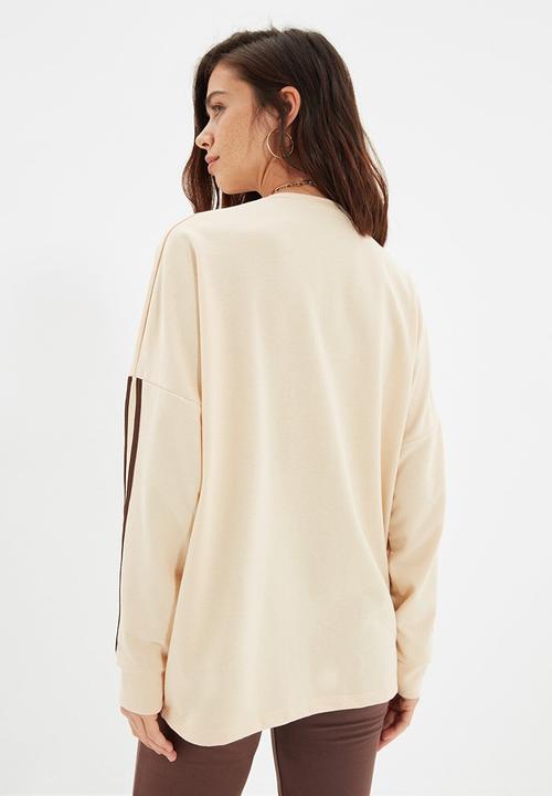 Trendyol - Striped long oversized thin sweatshirt - beige