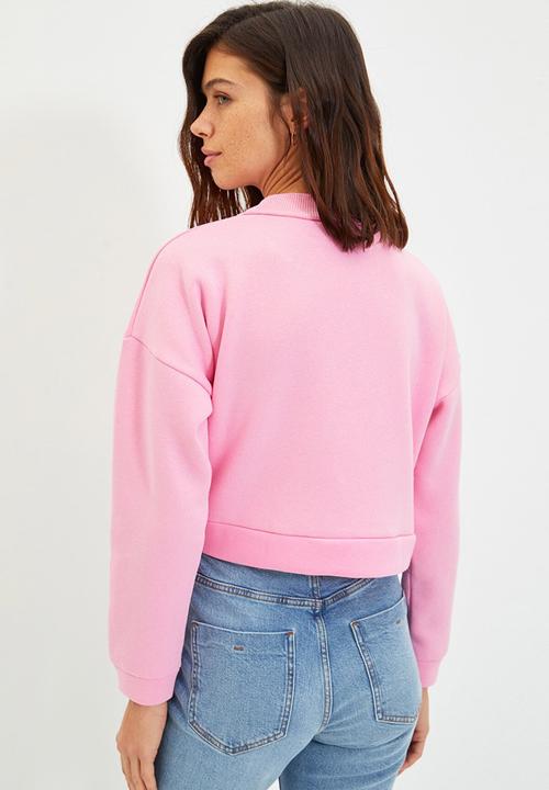 Trendyol - Stand up collar raised thick crop knitted sweatshirt - pink
