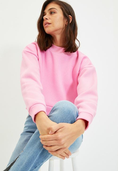 Trendyol - Stand up collar raised thick crop knitted sweatshirt - pink