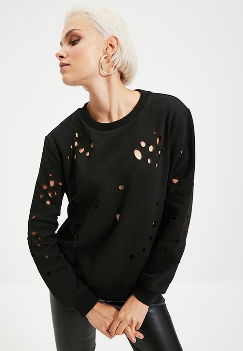 Trendyol - Laser cut detailed knitted thin sweatshirt - black