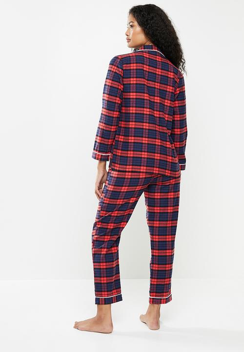 dailyfriday - Check flannel sleep shirt & pants set - red & navy 