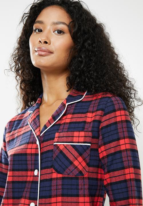 dailyfriday - Check flannel sleep shirt & pants set - red & navy 