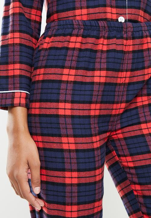 dailyfriday - Check flannel sleep shirt & pants set - red & navy 