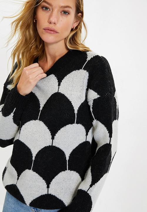 Trendyol - Oversize jacquard knitwear sweater - ecru/black