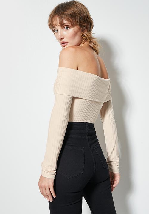 VELVET - Roll over ribbed bardot top - stone