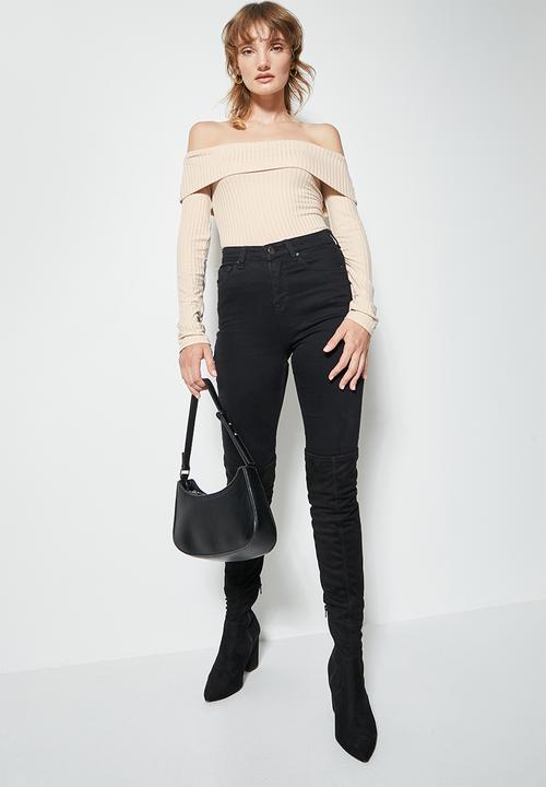 VELVET - Roll over ribbed bardot top - stone