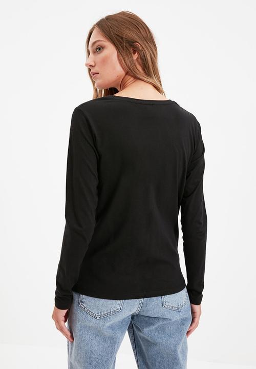 Trendyol - Long sleeve v neck basic t-shirt - black
