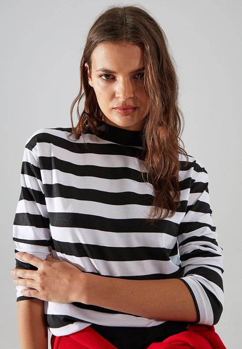 Trendyol - Striped stand up collar knitted top  - black