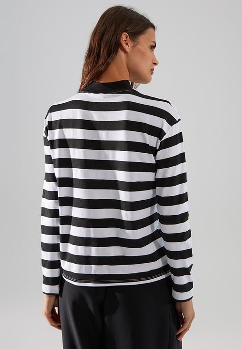 Trendyol - Striped stand up collar knitted top  - black